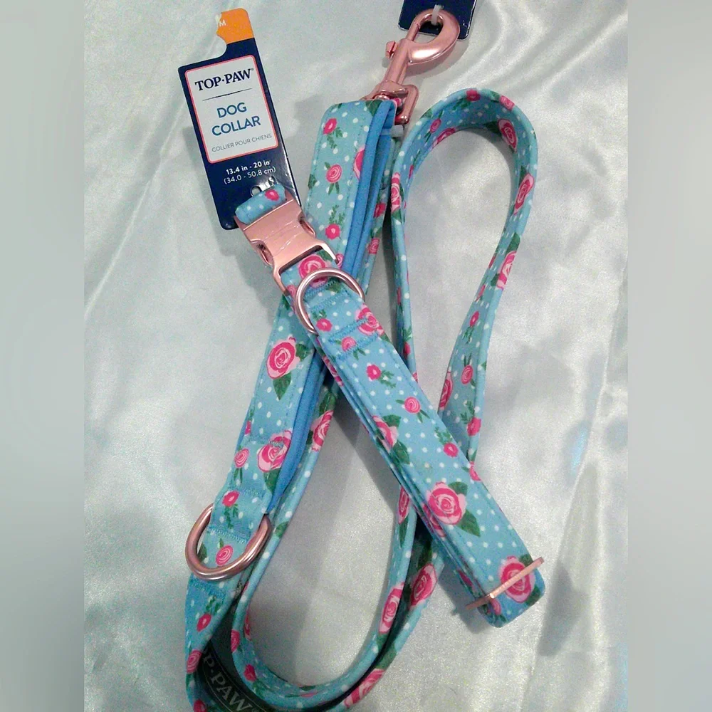 Top Paw Blue Rose Dog Collar (M) and Leash Set